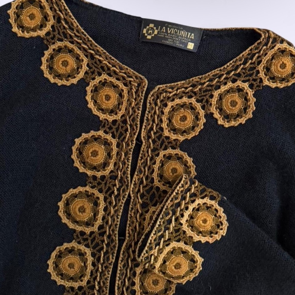 Vintage 100% Baby Alpaca Cardigan Black Crochet Trim Cusco Peru M